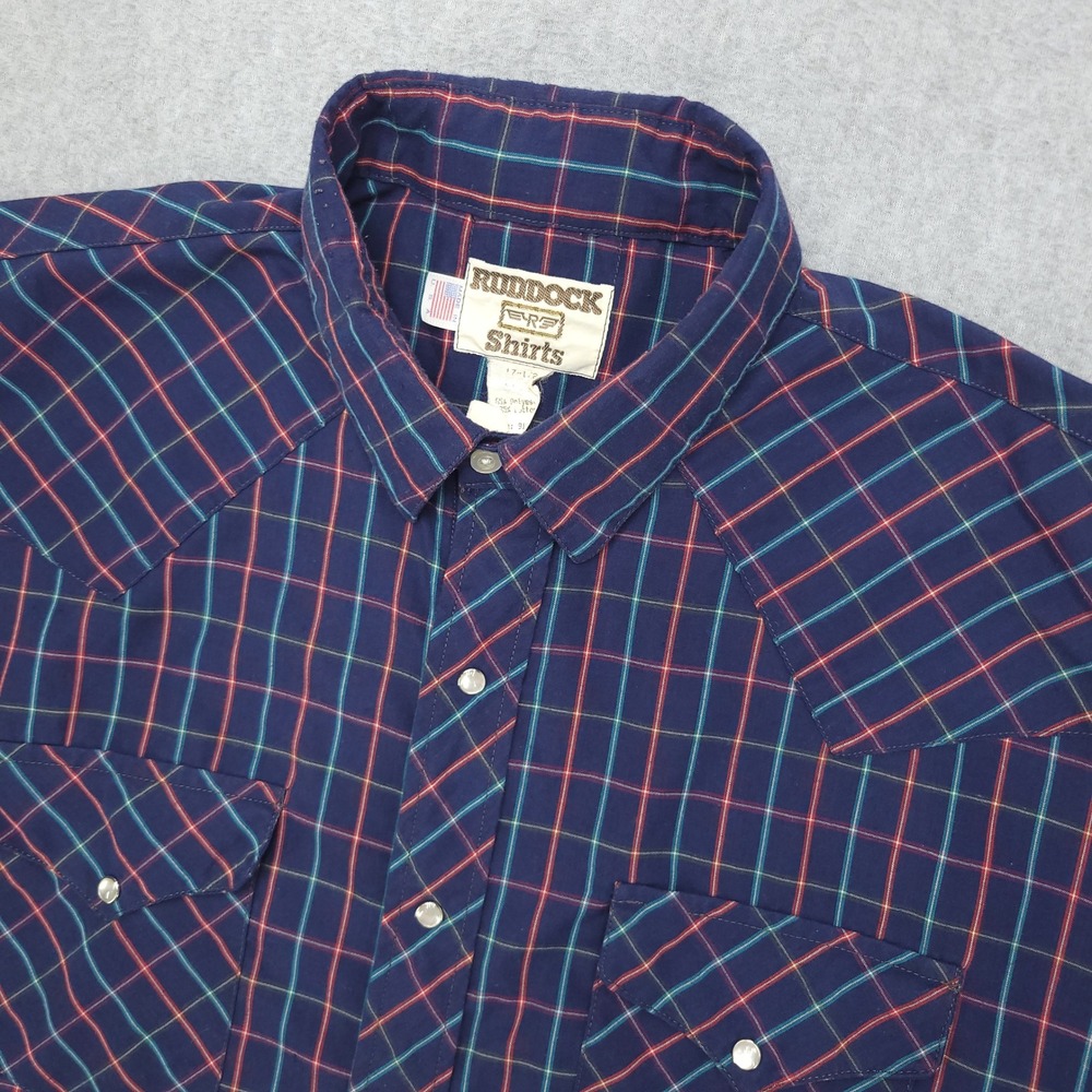 Ruddock Pearl Snap Shirt Mens 17-1/2 Plaid Short Sleeve Cowboy Rodeo USA Made